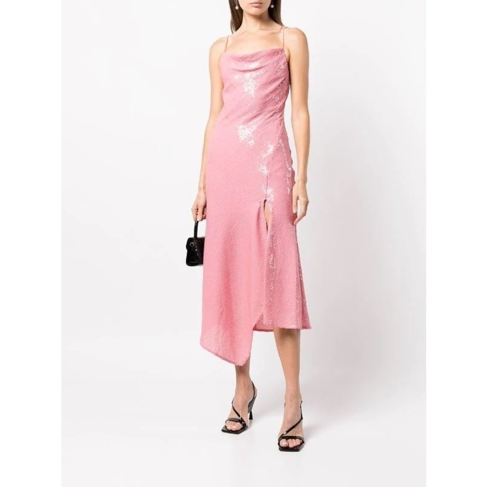 Alice + Olivia Harmony Pink Sequin Cowl Neck Slit Asymmetric Midi Dress 8 NWT